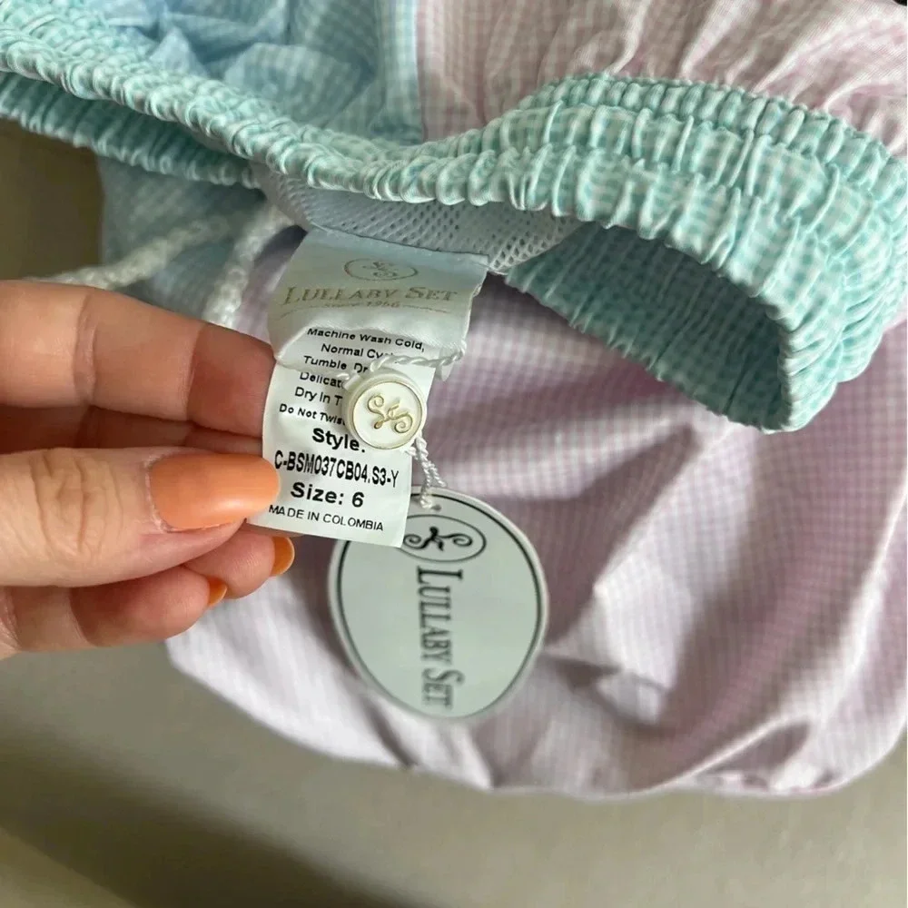 Lullaby Set toddler boys swim trunks shorts pastel gingham pink green colorblock